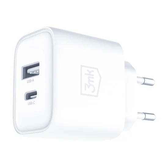 Мрежово зарядно устройство DualCharge, USB QC 3.0, USB-C PD 3.0, 20W - 3mk - Бял