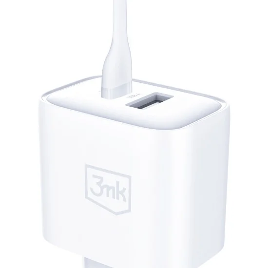 Мрежово зарядно устройство DualCharge, USB QC 3.0, USB-C PD 3.0, 20W - 3mk - Бял