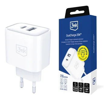 Мрежово зарядно устройство DualCharge, USB QC 3.0, USB-C PD 3.0, 20W - 3mk - Бял