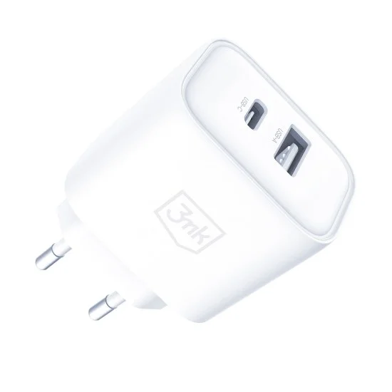 Мрежово зарядно устройство DualCharge, USB QC 3.0, USB-C PD 3.0, 20W - 3mk - Бял