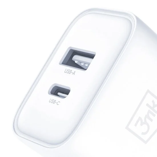 Мрежово зарядно устройство DualCharge, USB QC 3.0, USB-C PD 3.0, 20W - 3mk - Бял