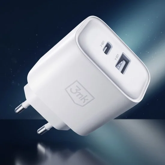 Мрежово зарядно устройство DualCharge, USB QC 3.0, USB-C PD 3.0, 20W - 3mk - Бял