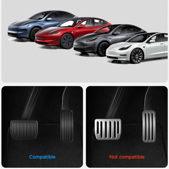 Накладки за педали Spigen Pedal Covers Stuttgart (ACP04510) - за Tesla Model Y/3, пълен комплект, изпъкнали, неръждаема стомана, с гумени бутони - Сребрист