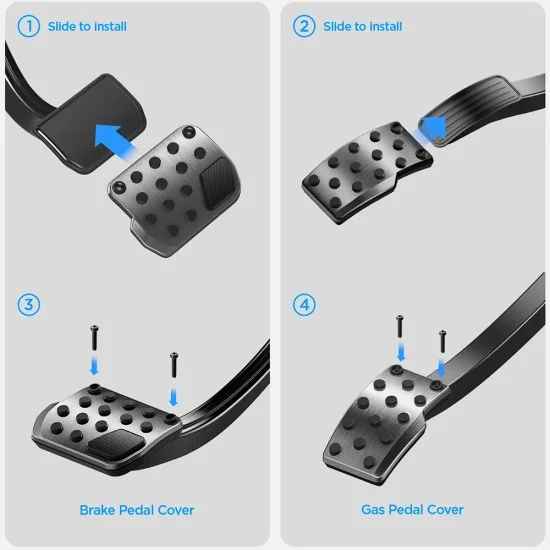 Накладки за педали Spigen Pedal Covers Stuttgart (ACP04510) - за Tesla Model Y/3, пълен комплект, изпъкнали, неръждаема стомана, с гумени бутони - Сребрист