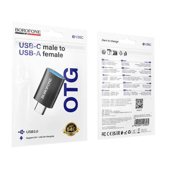 OTG адаптер Borofone (BV26C) - Type-C (M) към USB 3.0 (M), функции за зареждане и трансфер на данни, 5Gbps, 2A - Черен