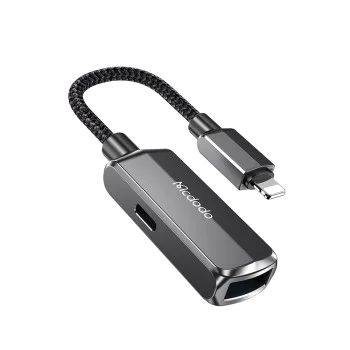 OTG адаптер (CA-2690) - Mcdodo - Lightning към USB + Lightning порт за зареждане, 2.4A - Тъмносиво