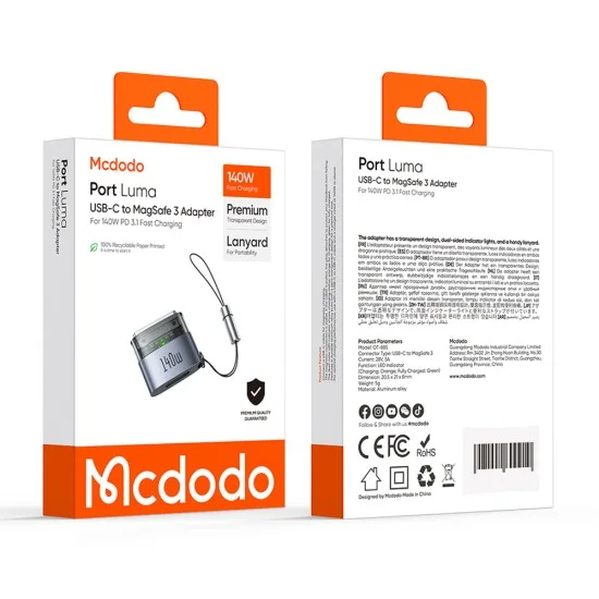 OTG адаптер Mcdodo (OT-8850) - Type-C към MagSafe 3, 140W, алуминиева сплав, LED индикатор, за MacBook Air/Pro - Черен