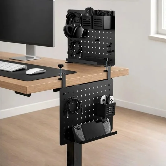 Органайзер за бюро Spigen Clamp-on Rail Desk Pegboard LD405 (AHP11400) - със сменяеми държачи / аксесоари, метален панел - Черен