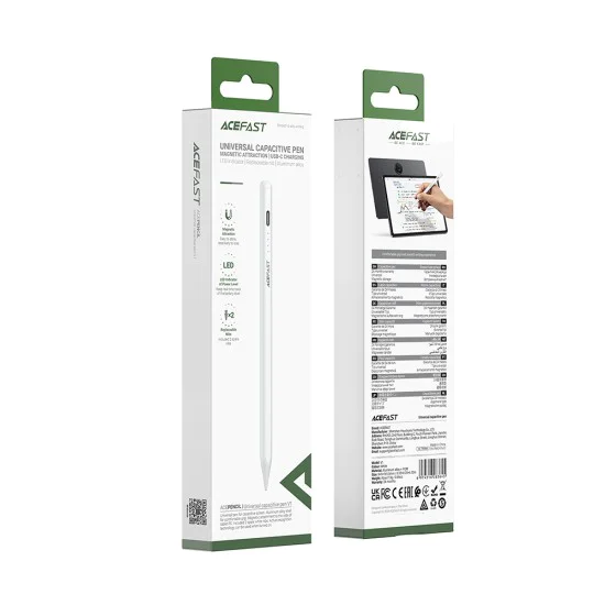 Писалка Acefast Stylus Pen (V1) - Universal, Active, Capacitive, с вграден магнит, Auto Shutdown, LED, 130mAh, Type-C - Бяла