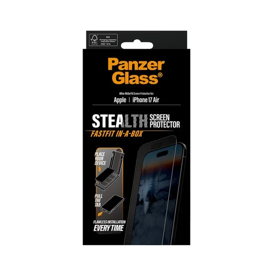 Поверителен стъклен протектор PanzerGlass® Ultra-Wide Fit Stealth Screen Protector w. FASTFIT IN-A-BOX - iPhone 17 Air - Черен