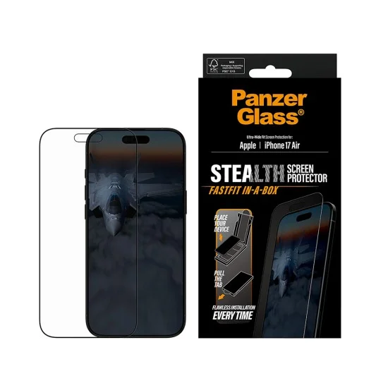 Поверителен стъклен протектор PanzerGlass® Ultra-Wide Fit Stealth Screen Protector w. FASTFIT IN-A-BOX - iPhone 17 Air - Черен
