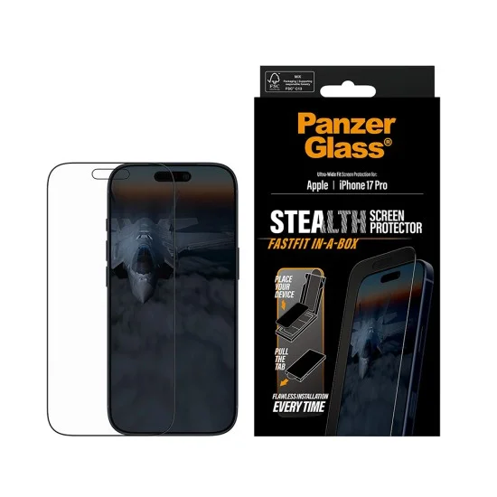 Поверителен стъклен протектор PanzerGlass® Ultra-Wide Fit Stealth Screen Protector w. FASTFIT IN-A-BOX - iPhone 17 Pro - Черен