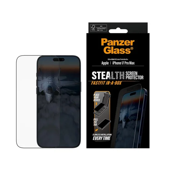 Поверителен стъклен протектор PanzerGlass® Ultra-Wide Fit Stealth Screen Protector w. FASTFIT IN-A-BOX - iPhone 17 Pro Max - Черен