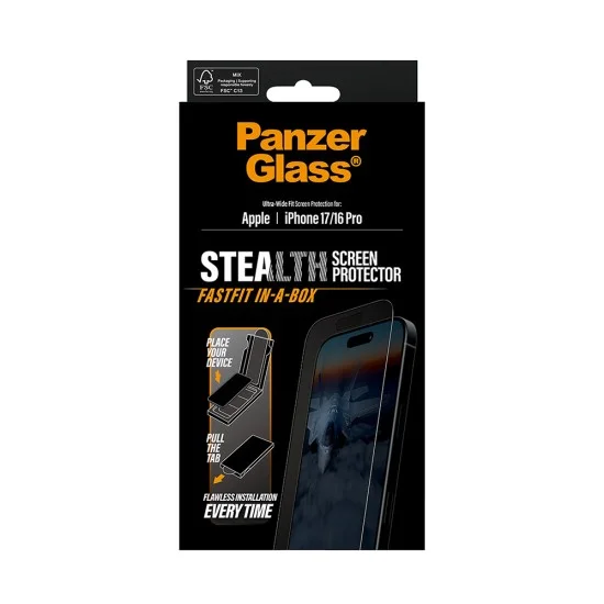 Поверителен стъклен протектор PanzerGlass® Ultra-Wide Fit Stealth Screen Protector w. FASTFIT IN-A-BOX - iPhone 17 / iPhone 16 Pro - Черен