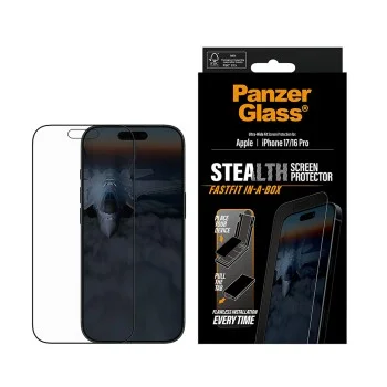 Поверителен стъклен протектор PanzerGlass® Ultra-Wide Fit Stealth Screen Protector w. FASTFIT IN-A-BOX - iPhone 17 / iPhone 16 Pro - Черен