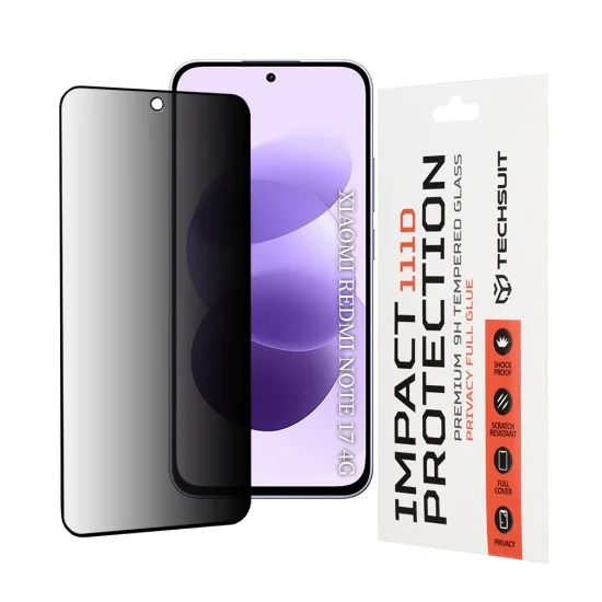 Privacy протектор за дисплей за Xiaomi Redmi Note 17 4G / Redmi Note 17 5G 111D Full Glue - Techsuit - Черен