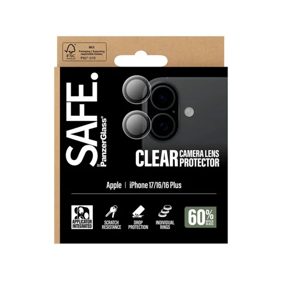 Протектор за камера PanzerGlass® SAFE. Camera Lens Protector - iPhone 17 / iPhone 16 / iPhone 16 Plus - Прозрачен