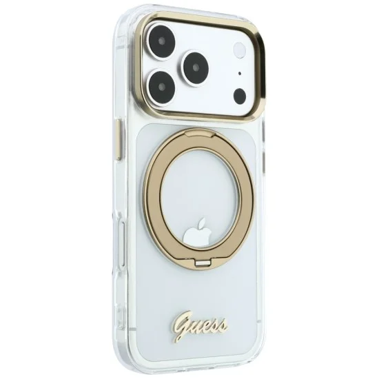 Прозрачен калъф Guess Ring Stand Script Metal Logo MagSafe (GUHMP18L6HCCMST) - iPhone 18 Pro / iPhone 17 Pro - Прозрачен