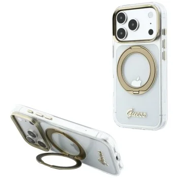 Прозрачен калъф Guess Ring Stand Script Metal Logo MagSafe (GUHMP18L6HCCMST) - iPhone 18 Pro / iPhone 17 Pro - Прозрачен