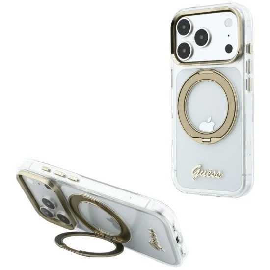 Прозрачен калъф Guess Ring Stand Script Metal Logo MagSafe (GUHMP18L6HCCMST) - iPhone 18 Pro / iPhone 17 Pro - Прозрачен