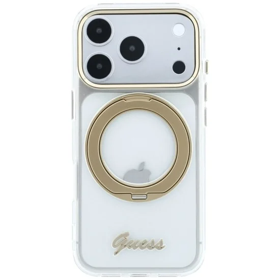 Прозрачен калъф Guess Ring Stand Script Metal Logo MagSafe (GUHMP18L6HCCMST) - iPhone 18 Pro / iPhone 17 Pro - Прозрачен