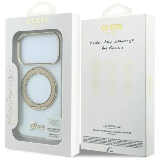 Прозрачен калъф Guess Ring Stand Script Metal Logo MagSafe (GUHMP18X6HCCMST) - iPhone 18 Pro Max / iPhone 17 Pro Max - Прозрачен