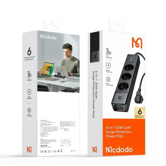 Разклонител 6 в 1 Mcdodo Super Cube Series (CH-0620) - Schuko, 2x Type-C, USB-A, 30W, GaN технология - Черен