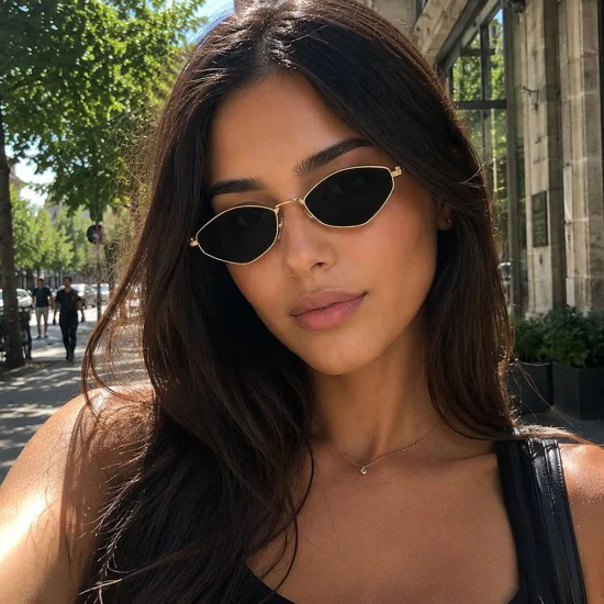 Слънчеви очила Techsuit Premium Sunglasses (6206) - дамски, тясна шестоъгълна рамка - Златист / Черен