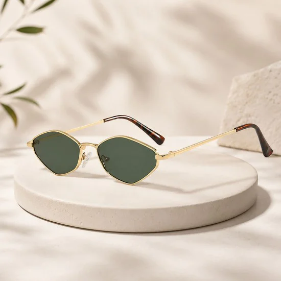 Слънчеви очила Techsuit Premium Sunglasses (6206) - дамски, тясна шестоъгълна рамка - Златист / Зелен
