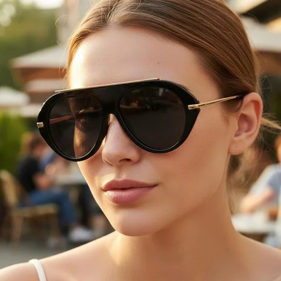 Слънчеви очила Techsuit Premium Sunglasses (8092) - дамски, авиаторски, плосък връх - Черен / Кафяв