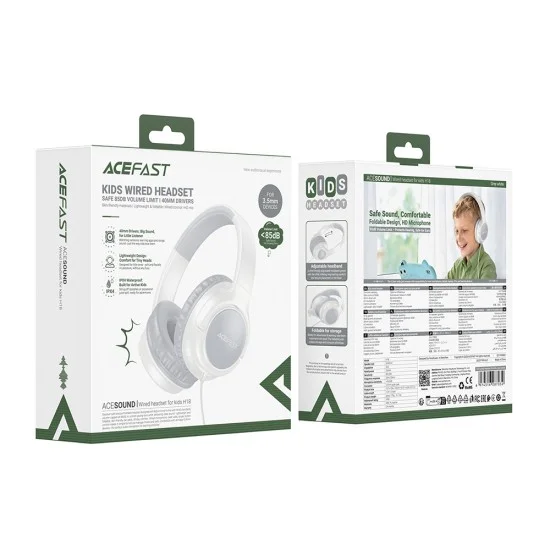 Слушалки с кабел Acefast (H18) - за деца, 85db ограничение, 40mm говорители, HD микрофон, 3.5mm, сгъваеми, IPX4 водоустойчиви, PU, 1.2m - Сиви