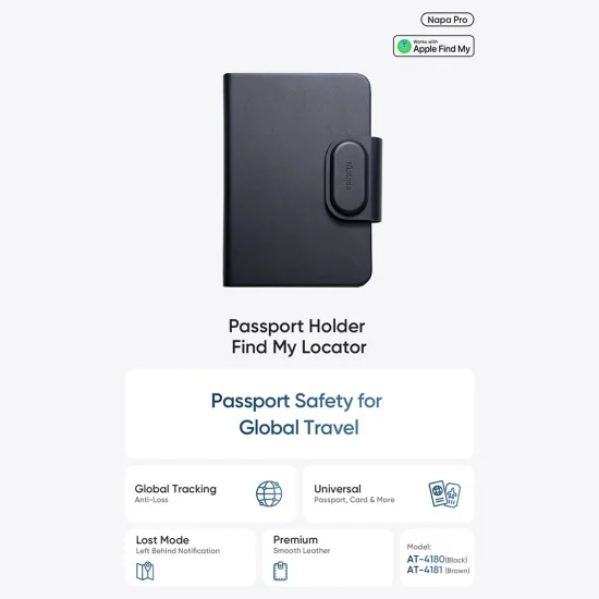 Смарт калъф за паспорт Mcdodo Smart Passport Holder Napa Pro (AT-4180) - Find My локатор, PU, 3 слота, 80-90dB, 220mAh - Черен