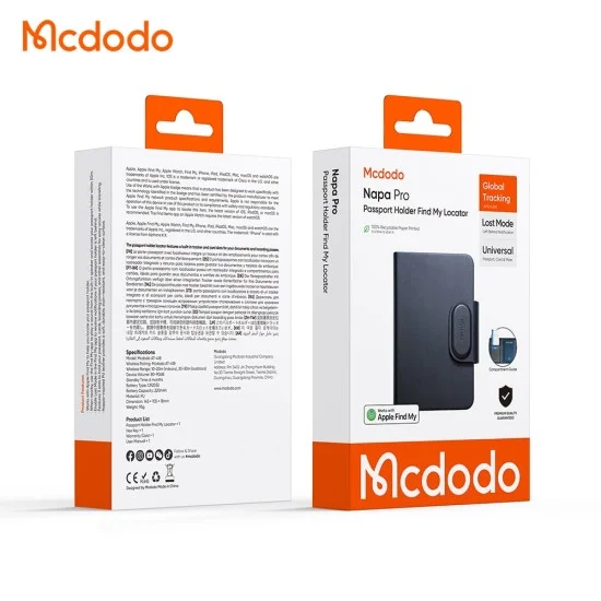 Смарт калъф за паспорт Mcdodo Smart Passport Holder Napa Pro (AT-4180) - Find My локатор, PU, 3 слота, 80-90dB, 220mAh - Черен