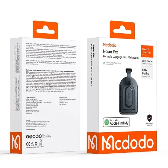 Смарт тракер Mcdodo Smart Tracker Napa Pro (AT-3790) - етикет за багаж, Find My, PU, 80-90dB, 220mAh - Черен