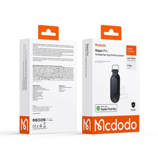 Смарт тракер Mcdodo Smart Tracker Napa Pro (AT-3830) - ключодържател за ключове, Find My, PU, 80-90dB, до 4 ключа, 220mAh - Черен