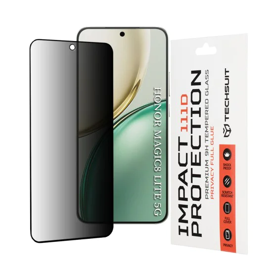 Стъклен протектор за Honor Magic8 Lite - Techsuit 111D Privacy Full Glue - Черен