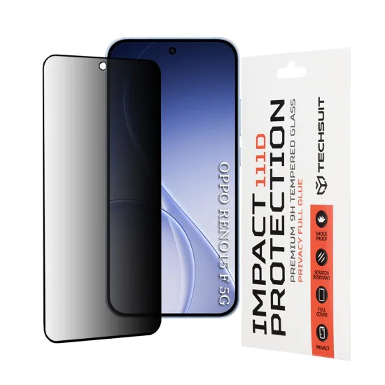 Стъклен протектор за Oppo Reno15 F / Reno15 FS 5G - Techsuit 111D Privacy Full Glue - Черен