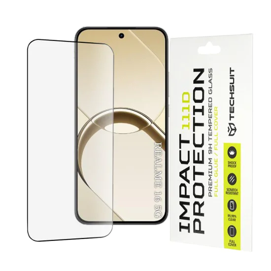 Стъклен протектор за Realme 16 5G - 111D Full Cover / Full Glue Glass - Techsuit - Черен