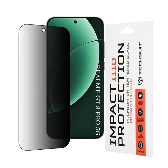 Стъклен протектор за Realme GT 8 Pro - 111D Privacy Full Glue - Techsuit - Черен