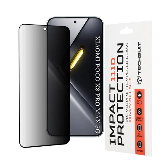 Стъклен протектор за Xiaomi Poco X8 Pro Max - 111D Privacy Full Glue - Techsuit - Черен