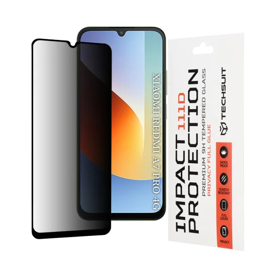 Стъклен протектор за Xiaomi Redmi A7 Pro 4G - 111D Privacy Full Glue - Techsuit - Черен
