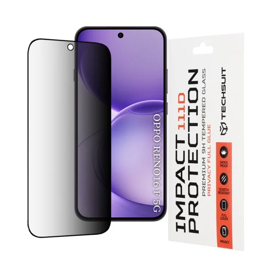 Стъклен протектор за поверителност за Oppo Reno16 F / Reno16 FS - 111D Privacy Full Glue - Techsuit - Черен