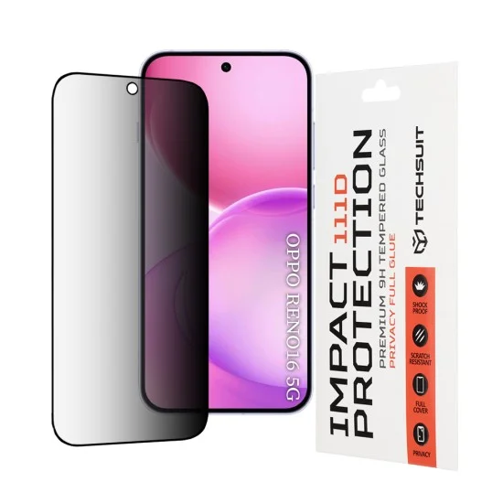 Стъклен протектор за поверителност за Oppo Reno16 / Reno16 Pro - 111D Privacy Full Glue - Techsuit - Черен