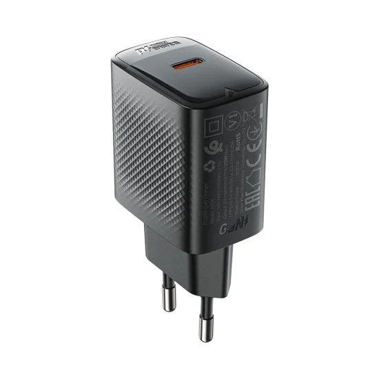 Стенно зарядно устройство A104 – Acefast, USB-C, PD25W, GaN технология, съвместимост с бързо зареждане – черно