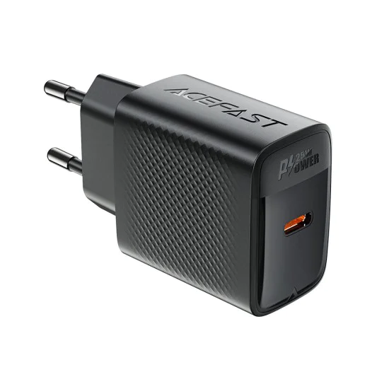 Стенно зарядно устройство A104 – Acefast, USB-C, PD25W, GaN технология, съвместимост с бързо зареждане – черно