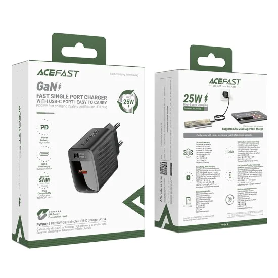 Стенно зарядно устройство A104 – Acefast, USB-C, PD25W, GaN технология, съвместимост с бързо зареждане – черно