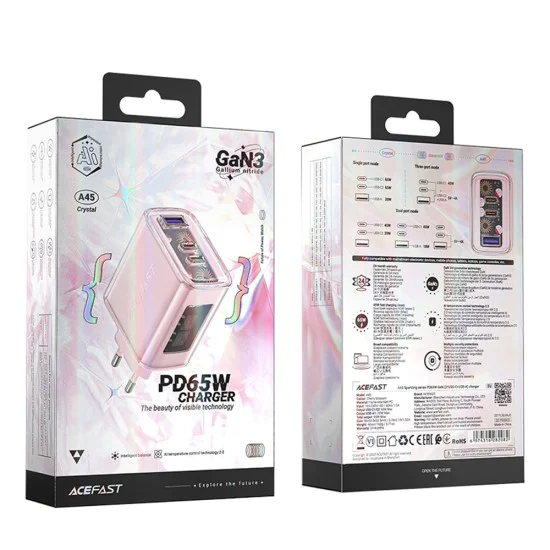 Стенно зарядно устройство A45 – Acefast Exploration Series, 2 x USB-C, USB, GaN, PD65W, бързо зареждане – Cherry Blossom