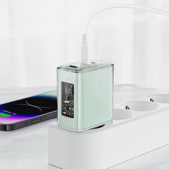 Стенно зарядно устройство A45 – Acefast Exploration Series, 2 x USB-C, USB, GaN, PD65W, бързо зареждане – Mountain Mist