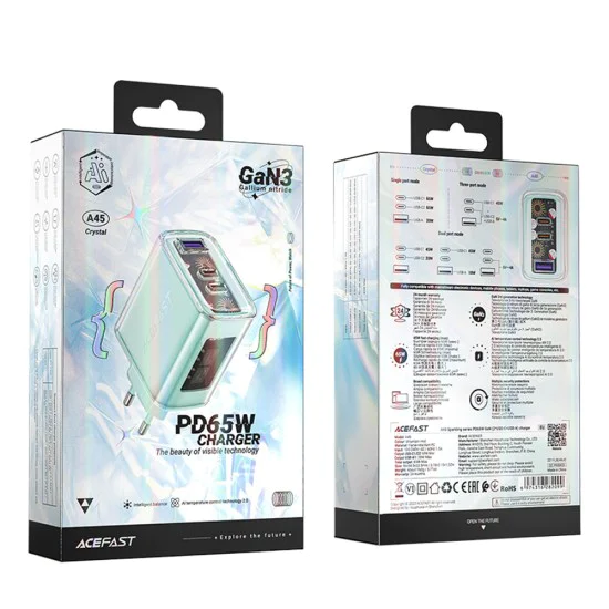 Стенно зарядно устройство A45 – Acefast Exploration Series, 2 x USB-C, USB, GaN, PD65W, бързо зареждане – Mountain Mist