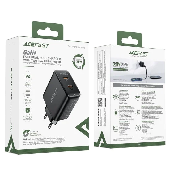 Стенно зарядно устройство A49 – Acefast, 2x Type-C, универсално зарядно устройство, GaN технология, PD35W – черно